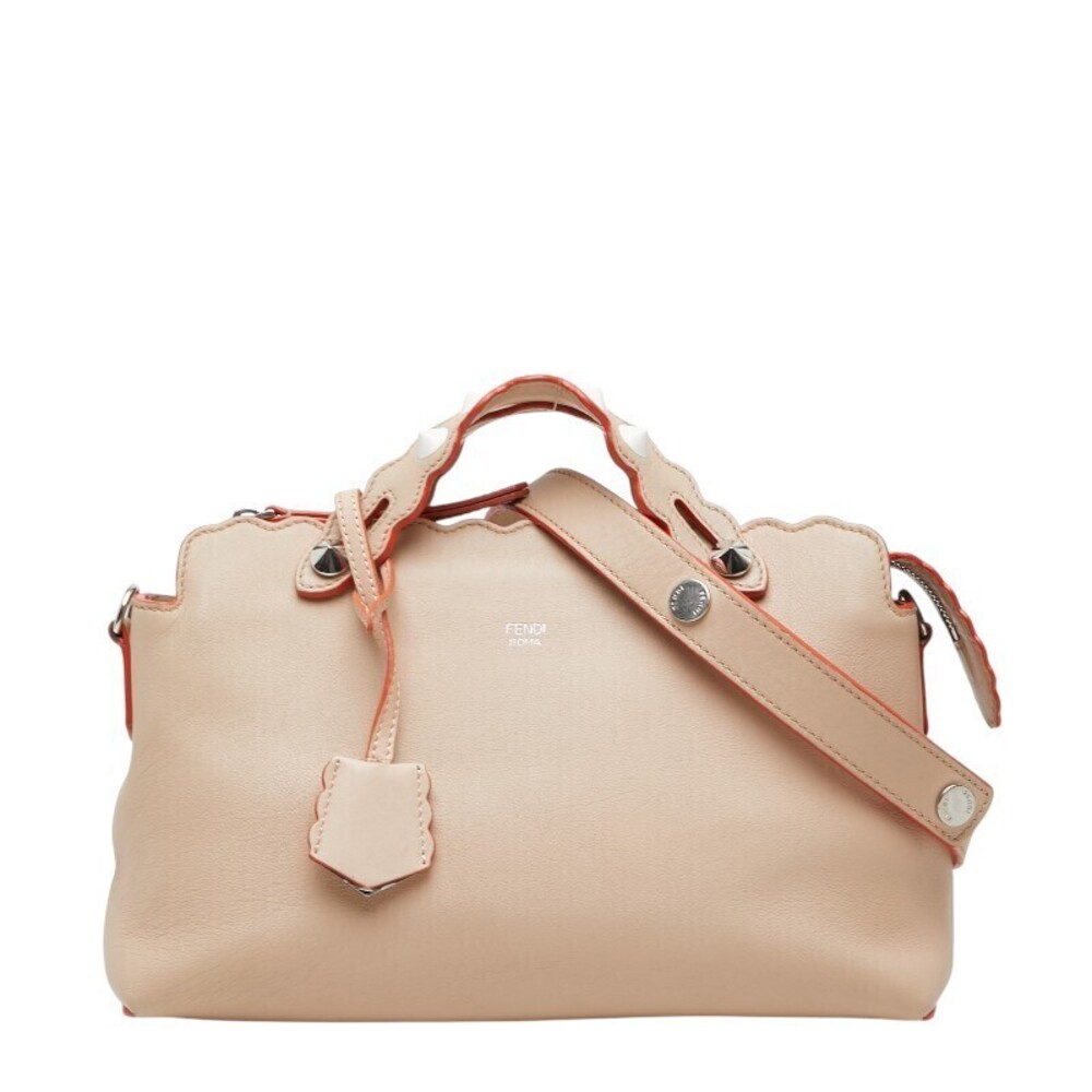 Fendi By The Way Studded Handbag Shoulder Bag Beige Leather